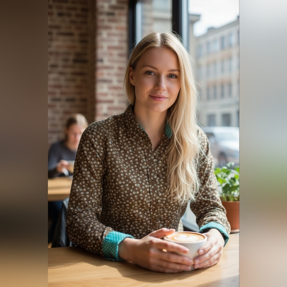Boden Brown Teal Print Button Front Blouse Size 10P